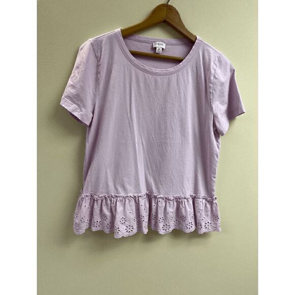JCrew Womens Ruffled Eyelet Hem Short Sleeve Top Lavender Sz M 100% Cotton - Picture 8 of 9